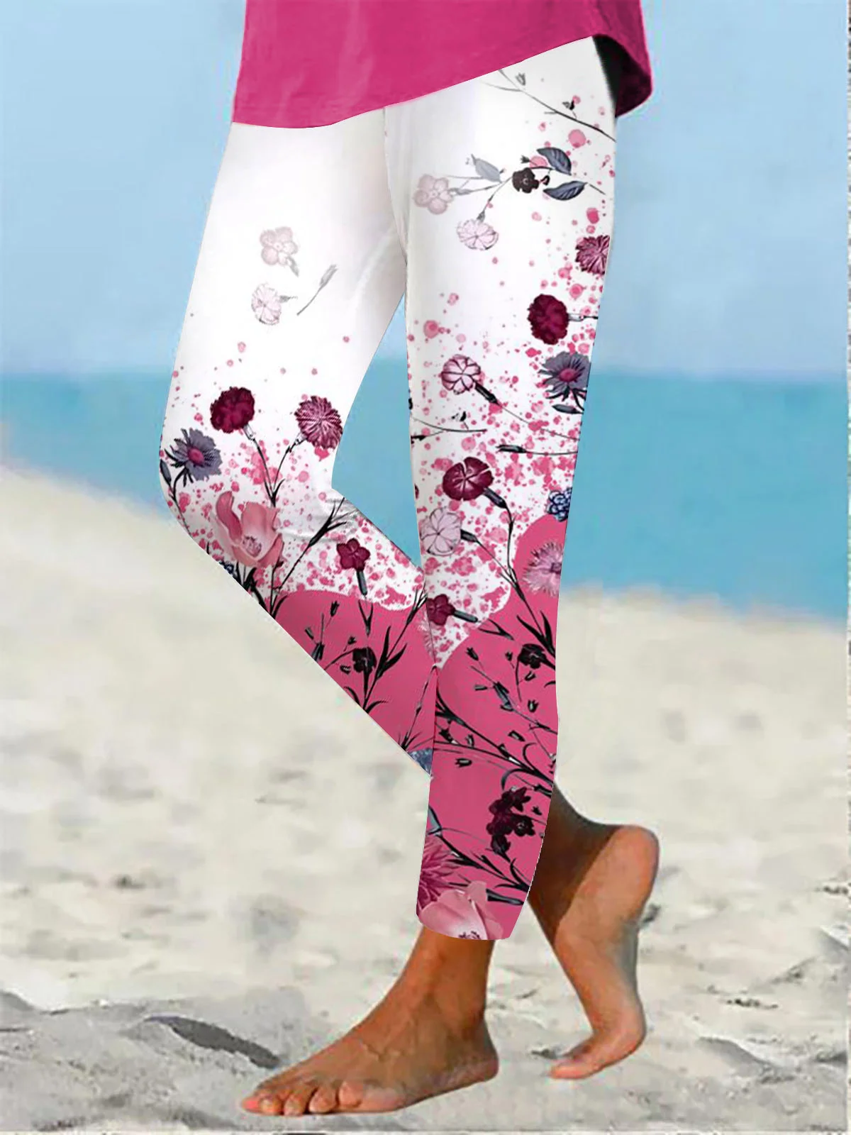 Contrast Floral Design Casual Leggings