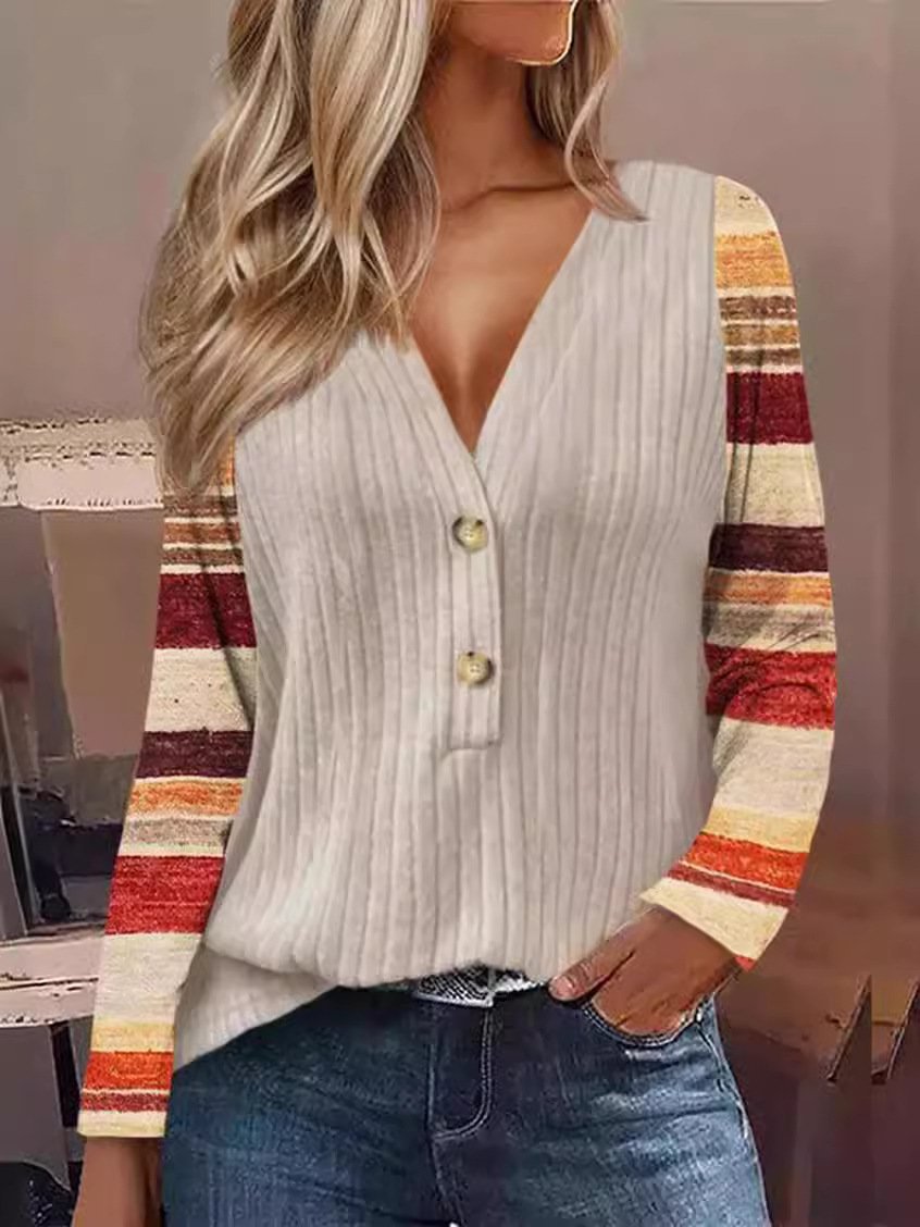 Striped Casual V Neck Jersey Blouse