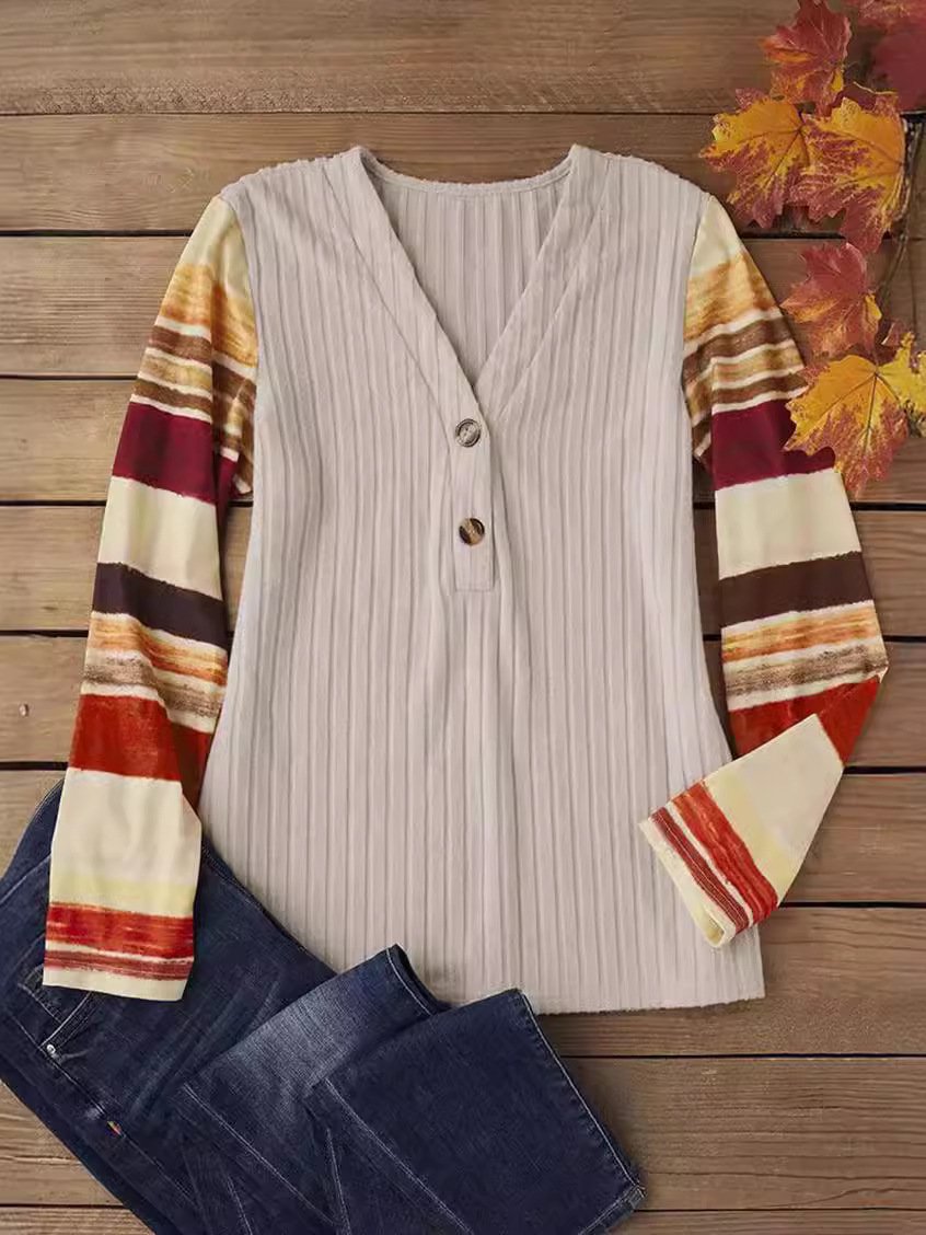 Striped Casual V Neck Jersey Blouse