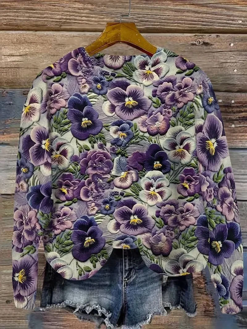 Casual Crew Neck Loose Floral Sweater