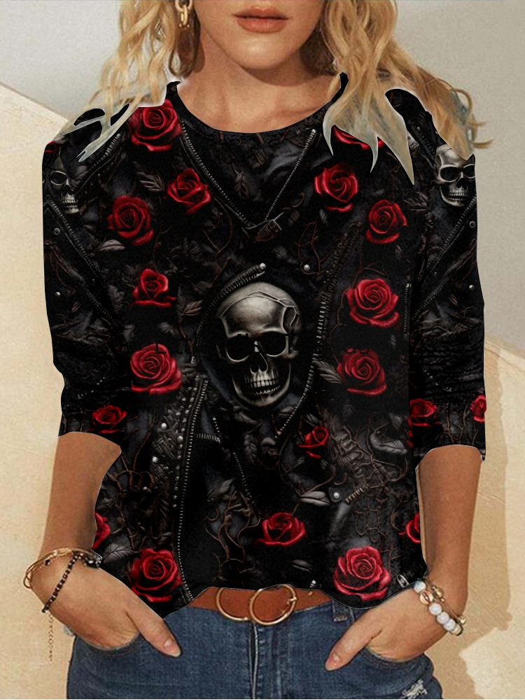 Crew Neck Casual Skull 3D Printing Long Sleeve Shirt