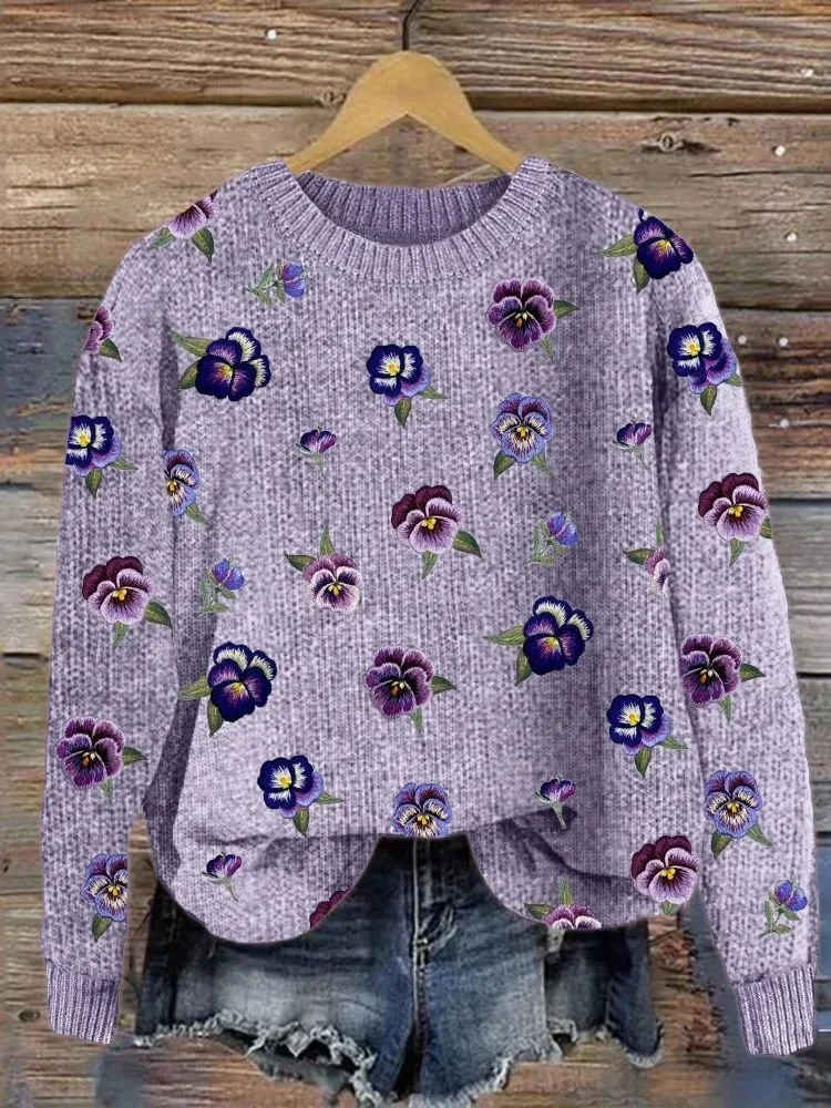 Casual Crew Neck Loose Floral Sweater