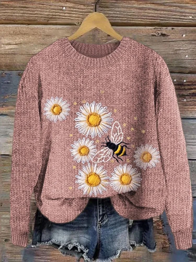 Cotton Floral Casual Loose Sweater