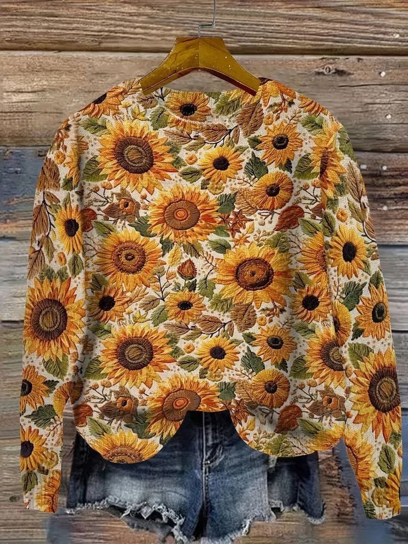 Casual Crew Neck Loose Floral Sweater