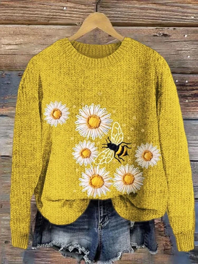 Cotton Floral Casual Loose Sweater