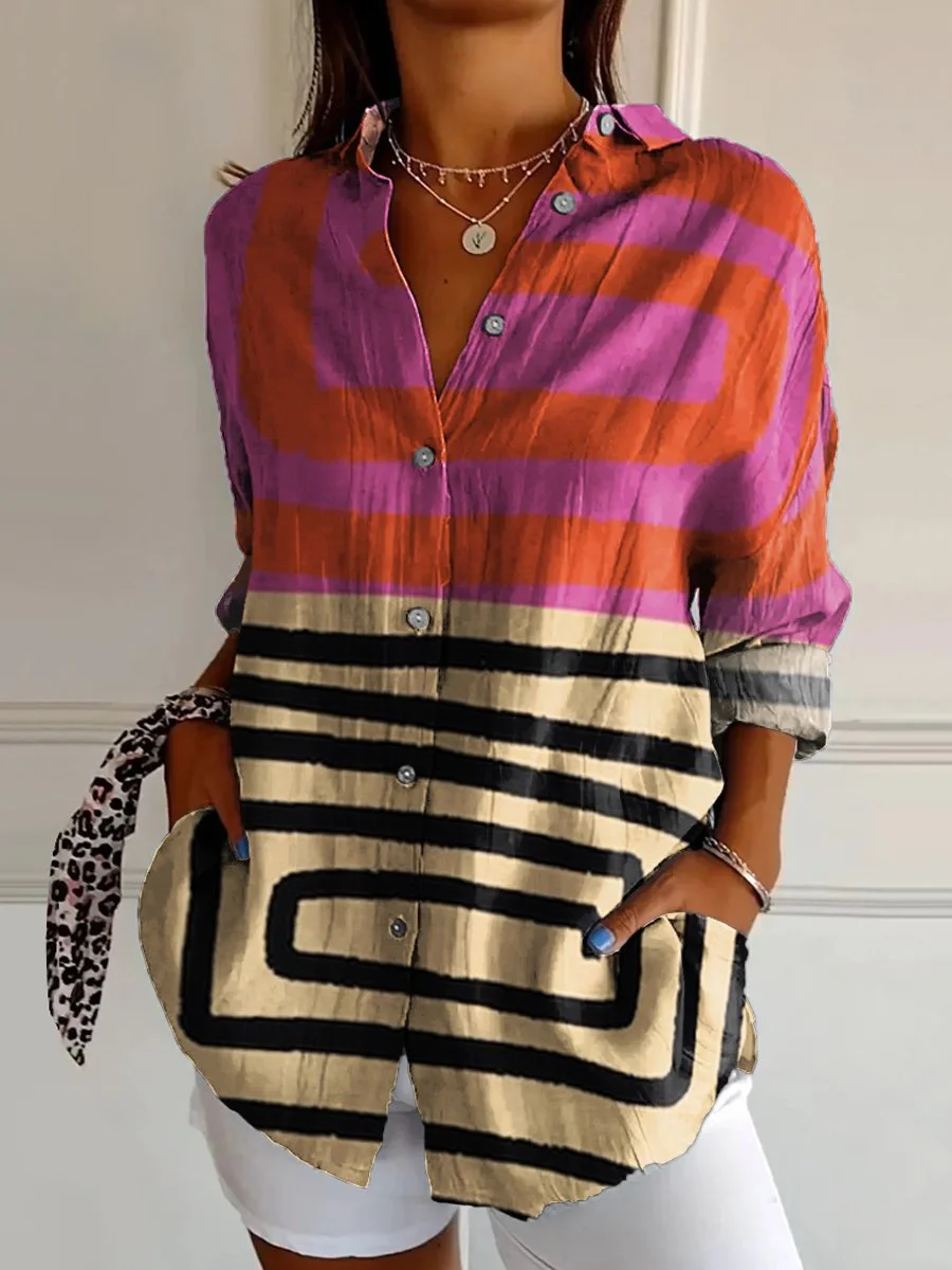 Shawl Collar Casual Loose Striped Shirt