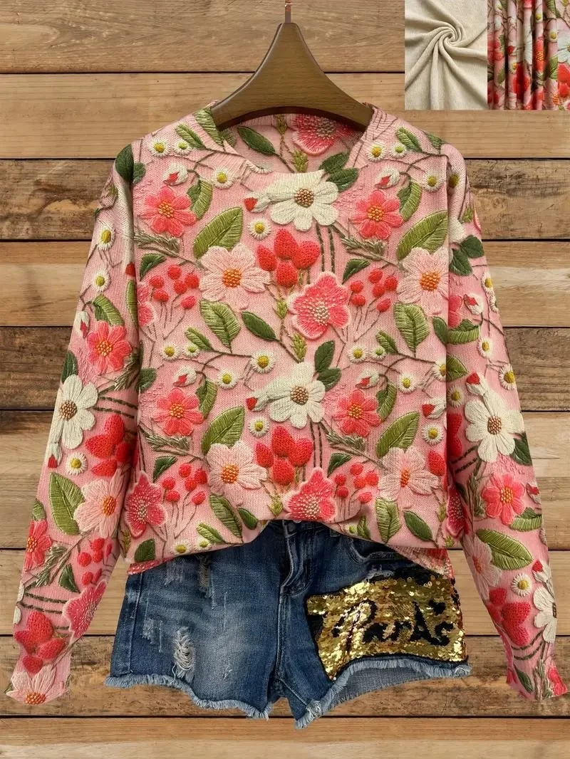 Crew Neck Floral Cotton Casual Sweater