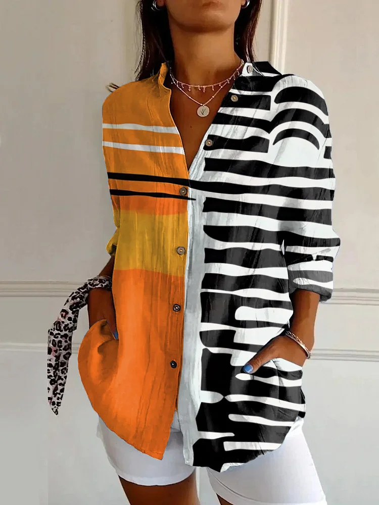 Shawl Collar Casual Loose Striped Shirt