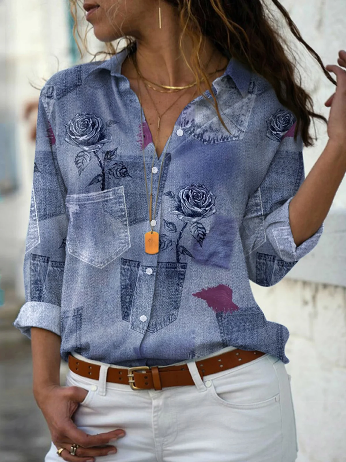 Women's Long Sleeve Shirt Spring/Fall Blue Floral Shirt Collar Daily Going Out Casual Top