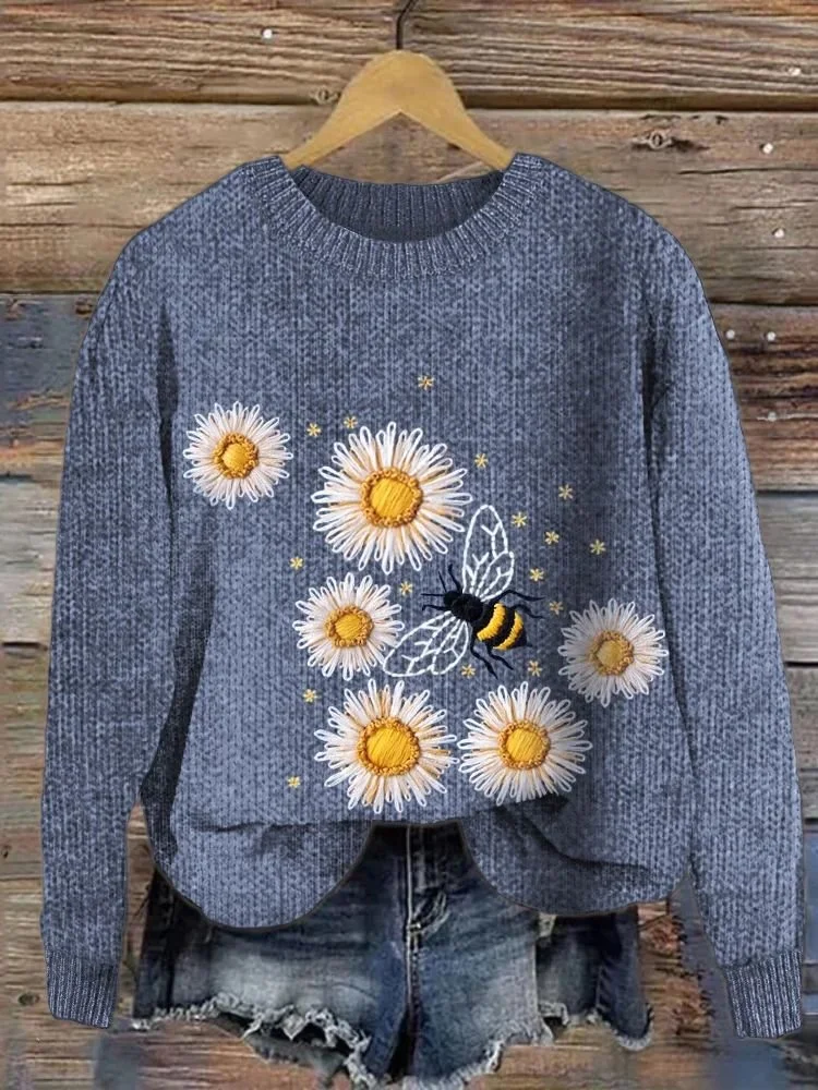 Cotton Floral Casual Loose Sweater