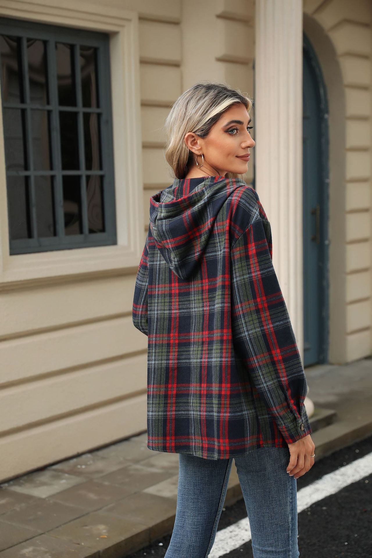 Casual Plaid Hoodie Buckle Hoodie