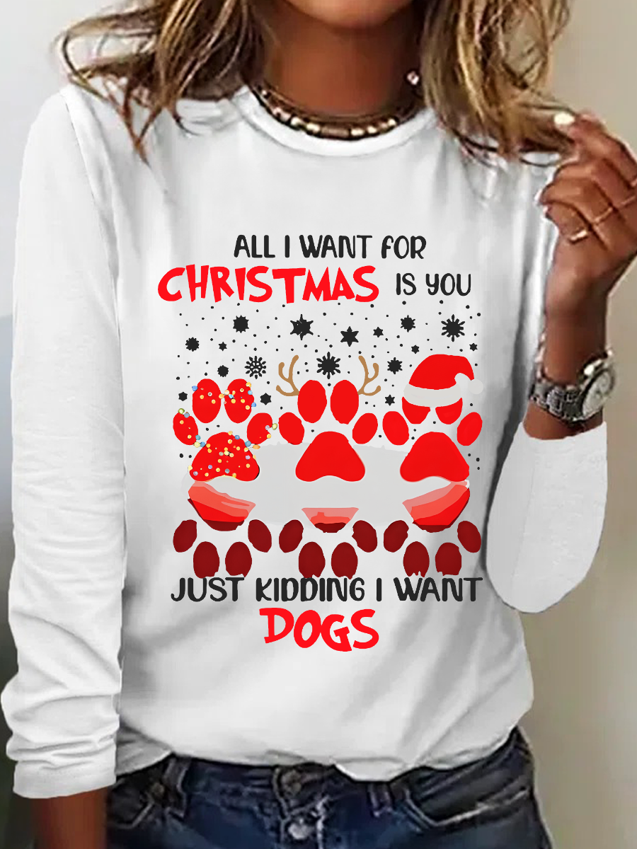 Paw Dog Water Reflection All I Want For Christmas Casual Long Sleeve Shirt