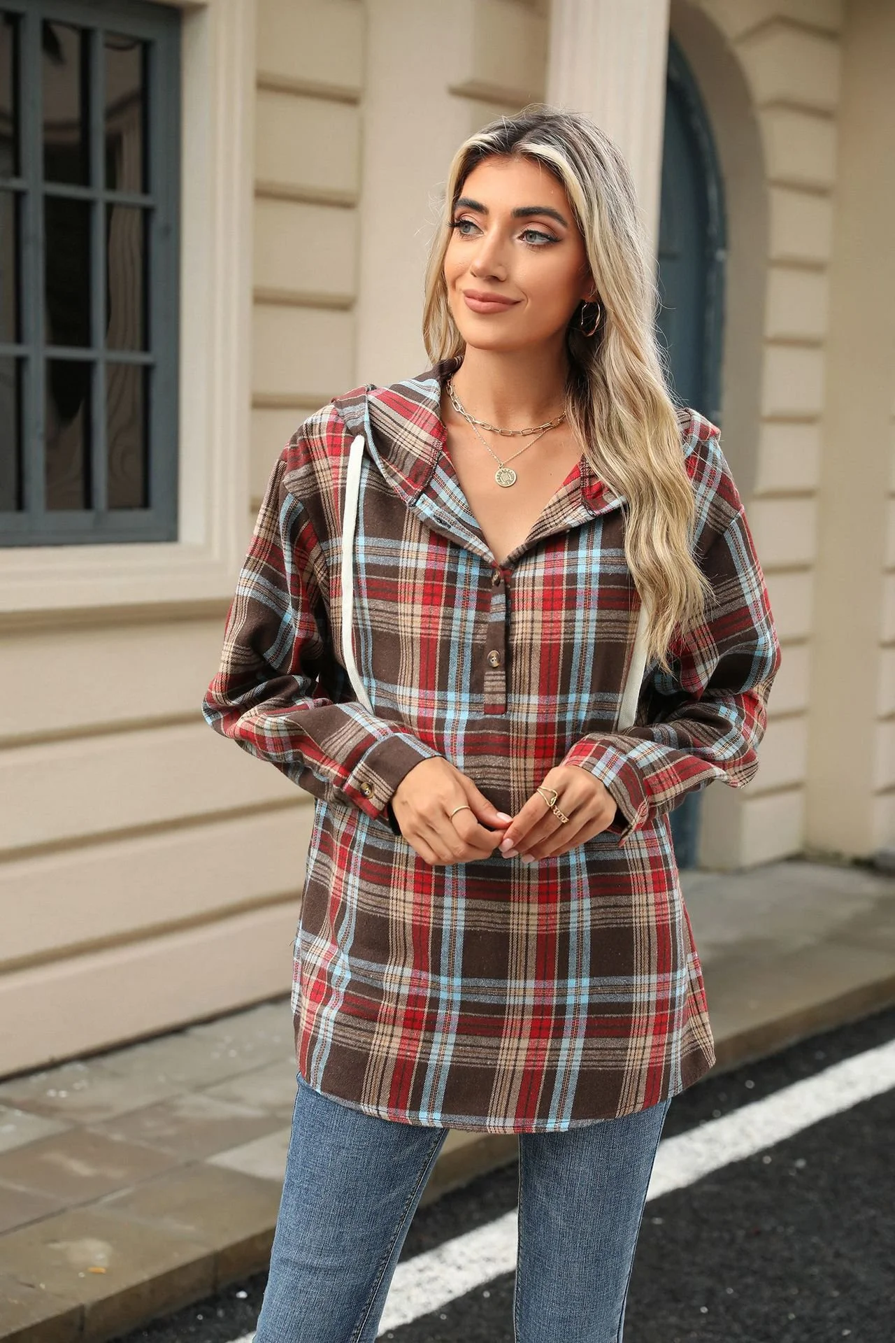 Casual Plaid Hoodie Buckle Hoodie