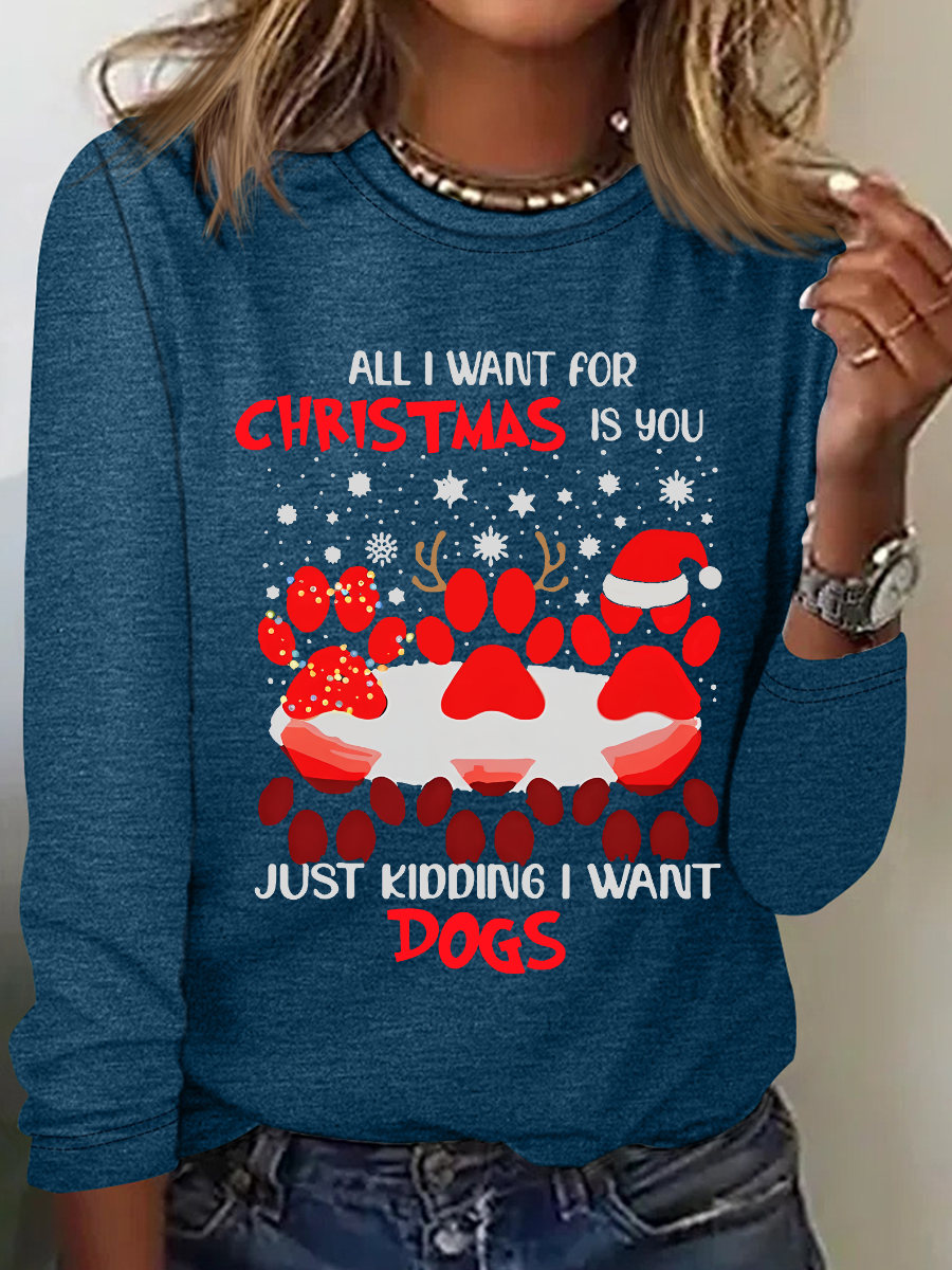 Paw Dog Water Reflection All I Want For Christmas Casual Long Sleeve Shirt