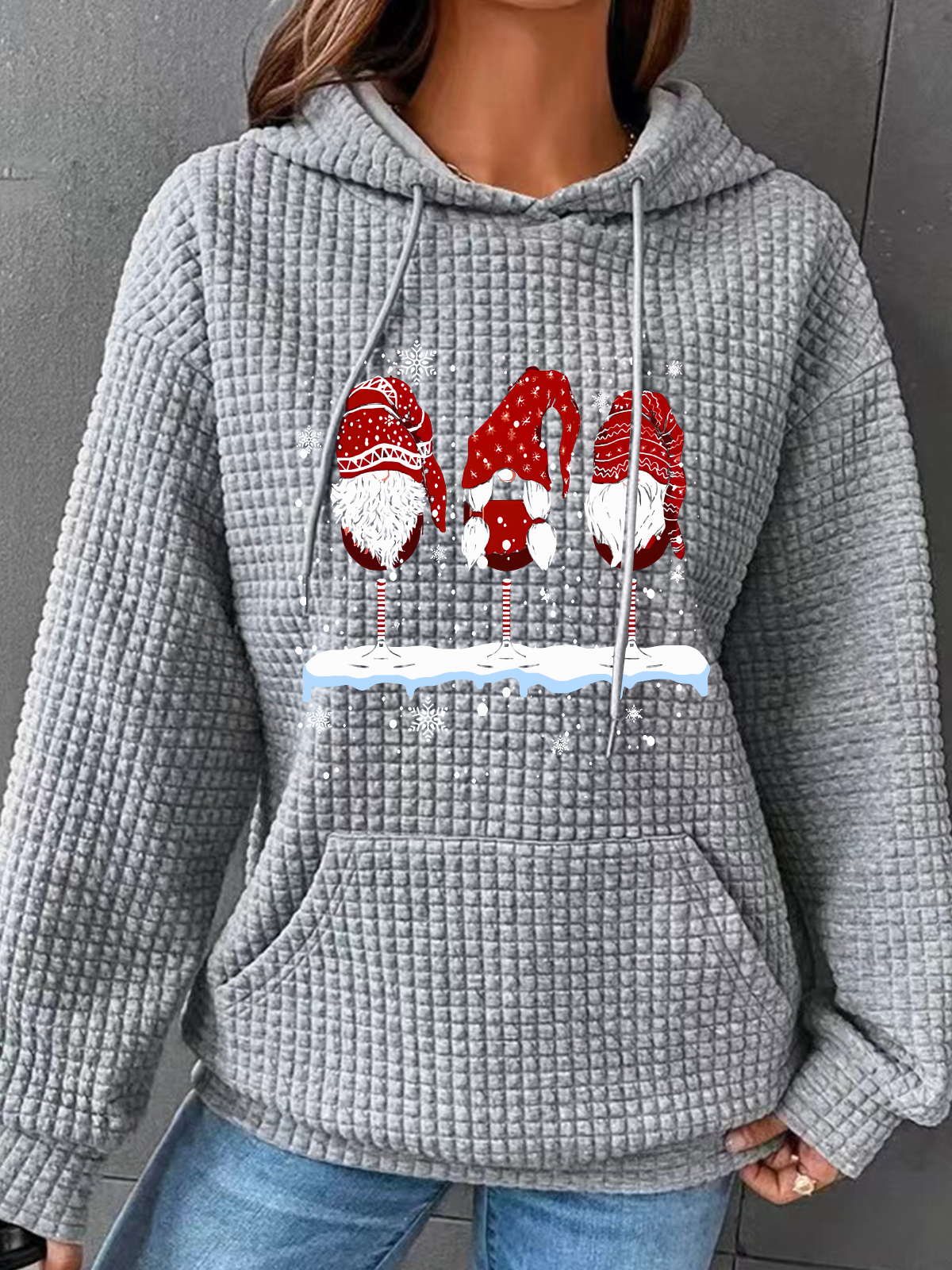 Wine Glasses Gnomies Christmas Simple Loose Hoodie