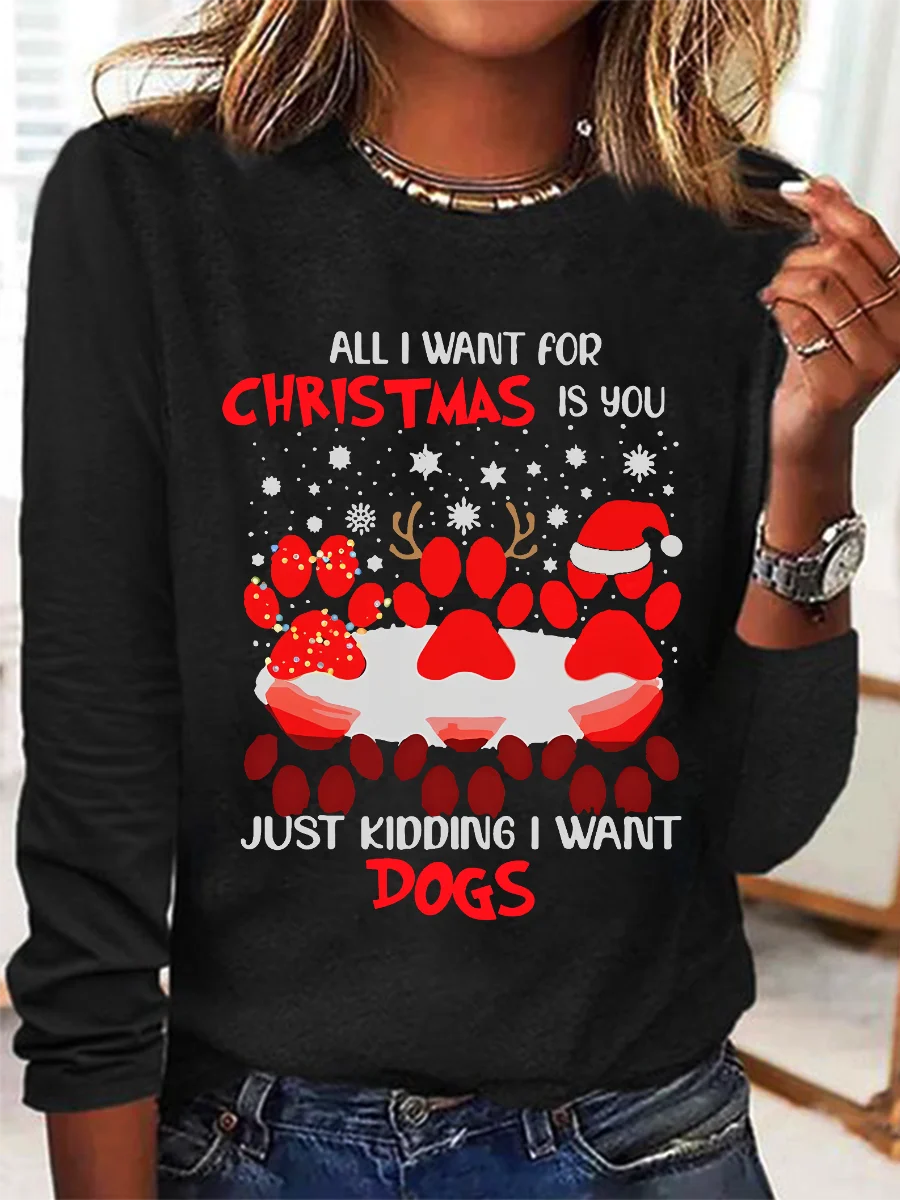 Paw Dog Water Reflection All I Want For Christmas Casual Long Sleeve Shirt