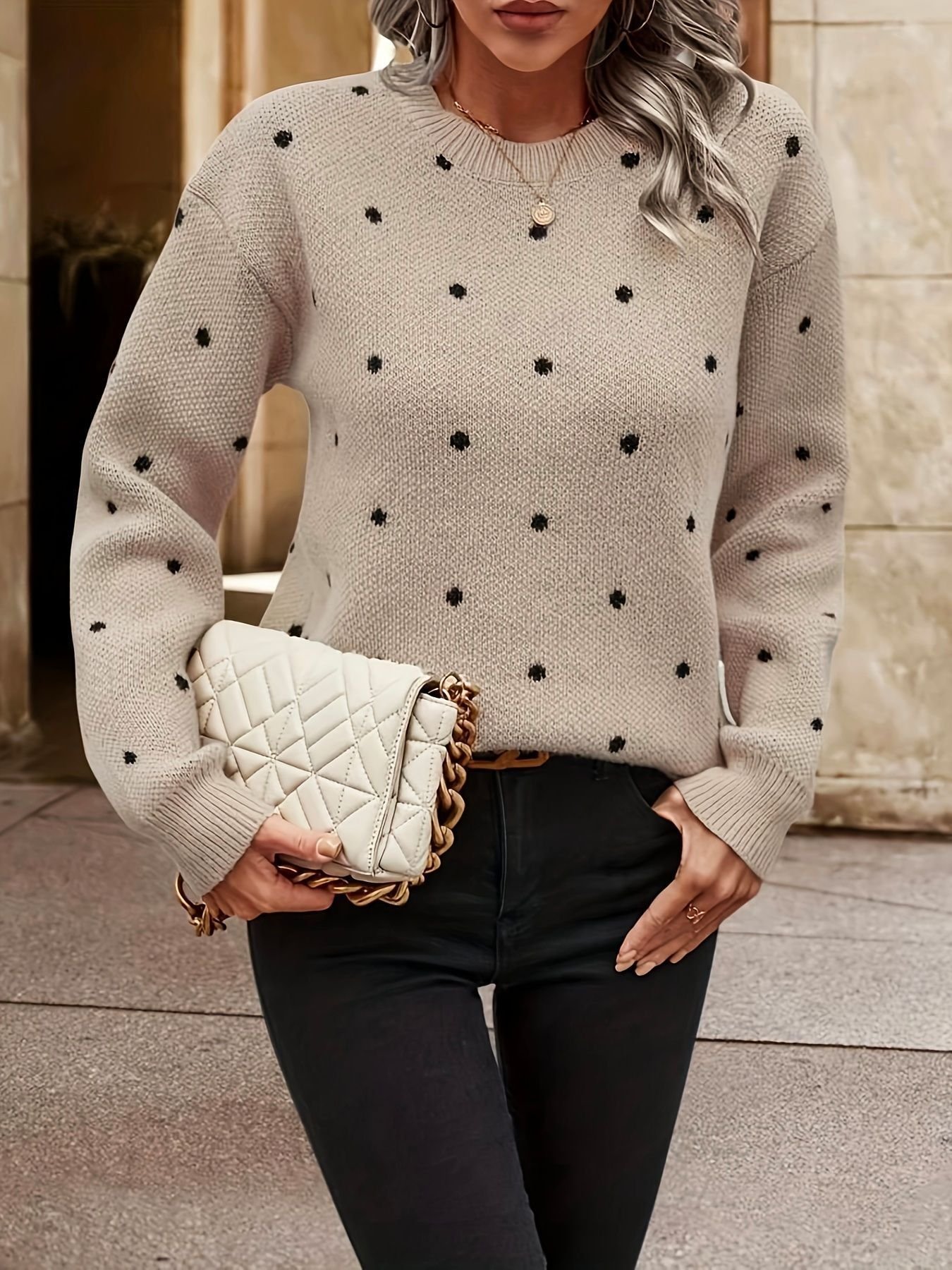 Polka Dots Casual Loose Crew Neck Sweater