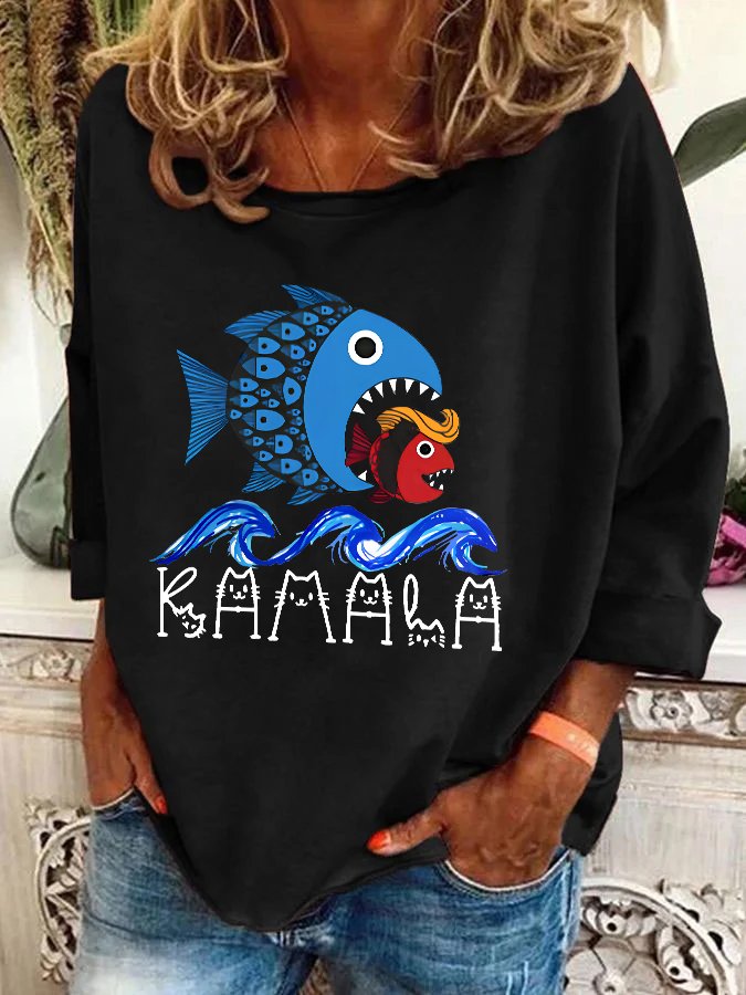 Blue Wave Big Fish Eats Small Fish Print Casual Sweatshirt