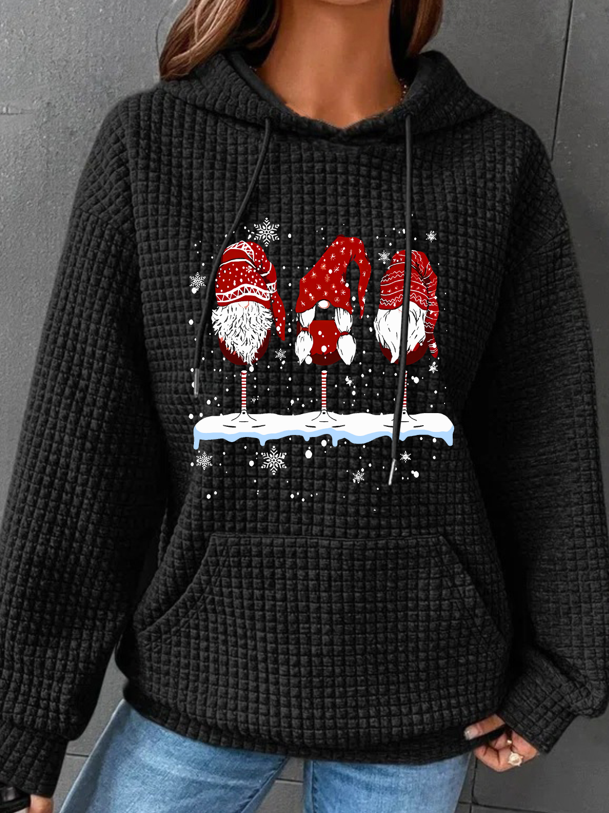 Wine Glasses Gnomies Christmas Simple Loose Hoodie