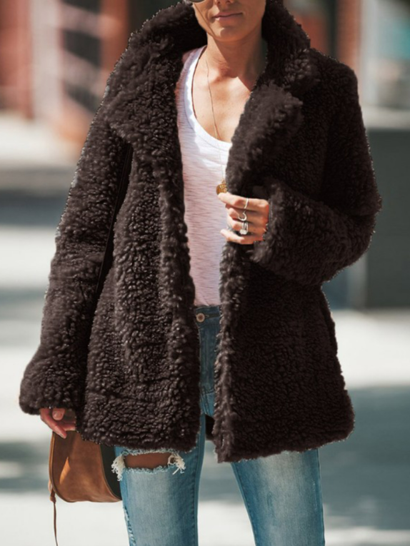 Fluff Plain Casual Loose Teddy Jacket