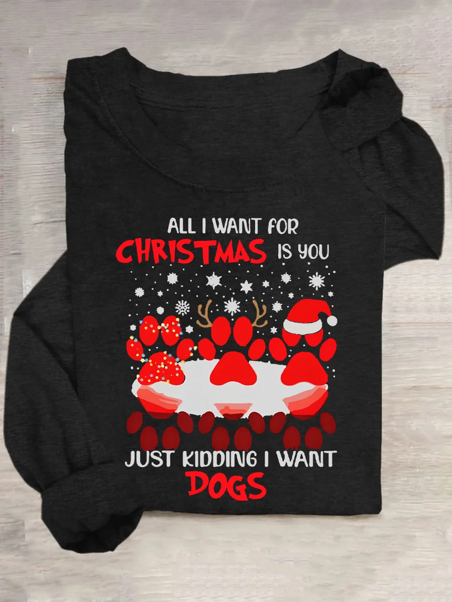 Paw Dog Water Reflection All I Want For Christmas Casual Long Sleeve Shirt