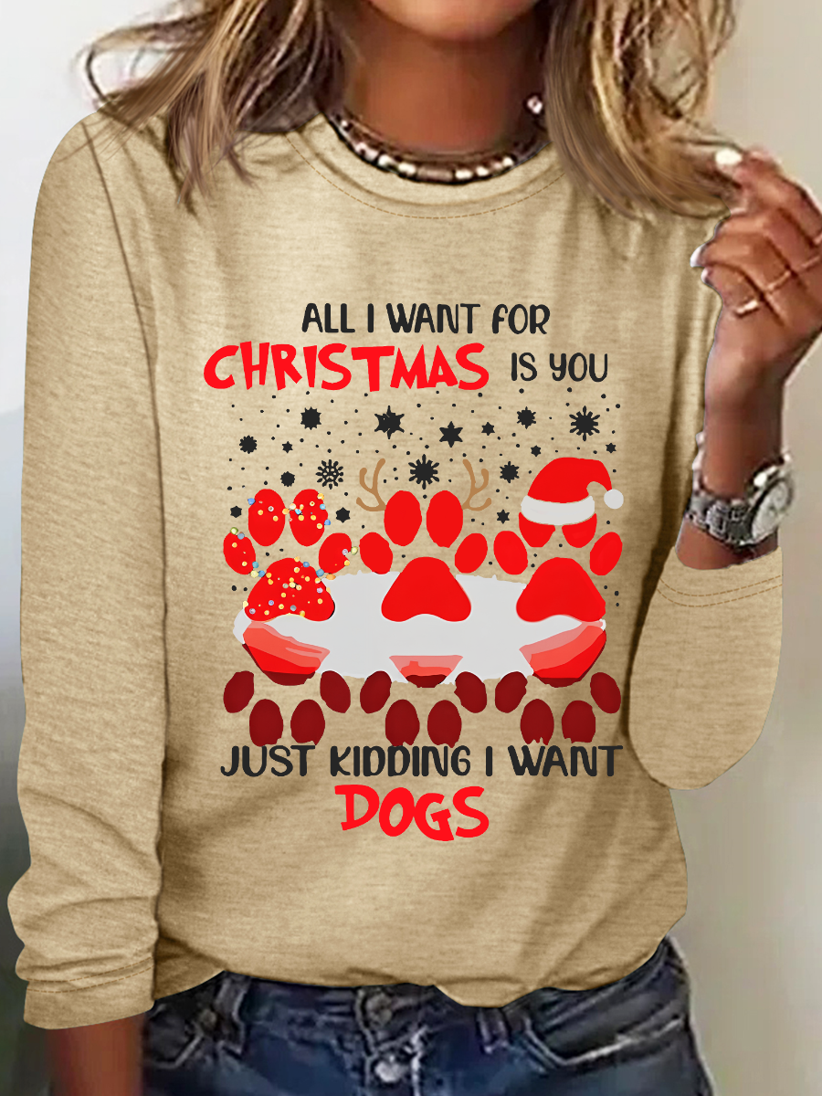 Paw Dog Water Reflection All I Want For Christmas Casual Long Sleeve Shirt