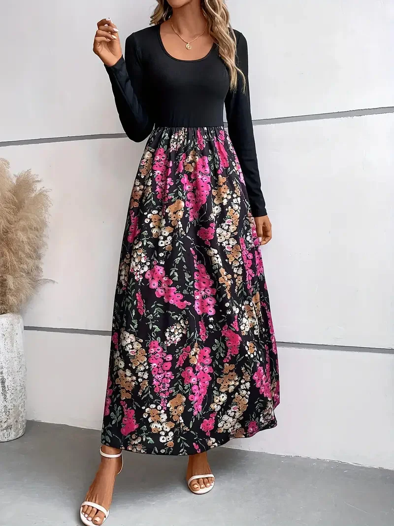 Women's Floral Crew Neck Casual Maxi A-Line Dress