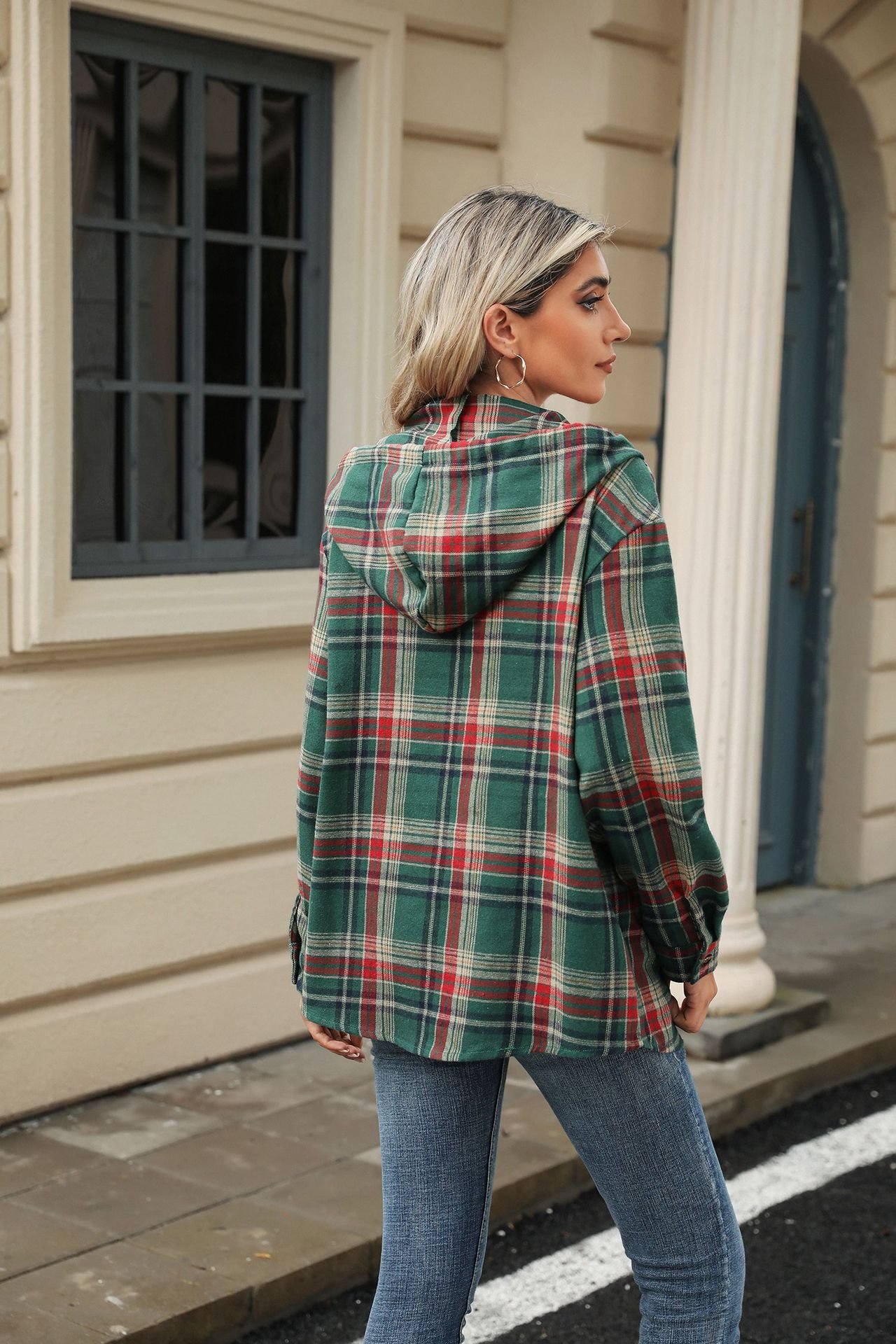 Casual Plaid Hoodie Buckle Hoodie