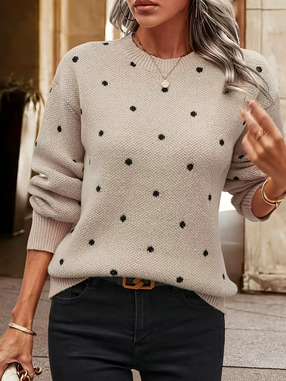 Polka Dots Casual Loose Crew Neck Sweater