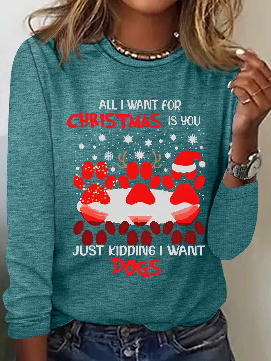 Paw Dog Water Reflection All I Want For Christmas Casual Long Sleeve Shirt