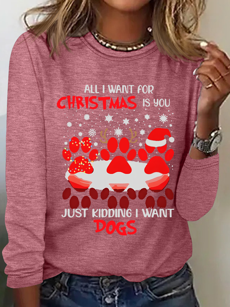 Paw Dog Water Reflection All I Want For Christmas Casual Long Sleeve Shirt