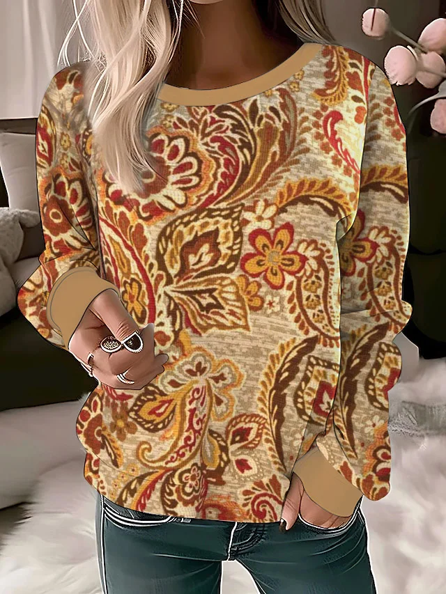 Ethnic Floral Design Round Neck Sweatshirt