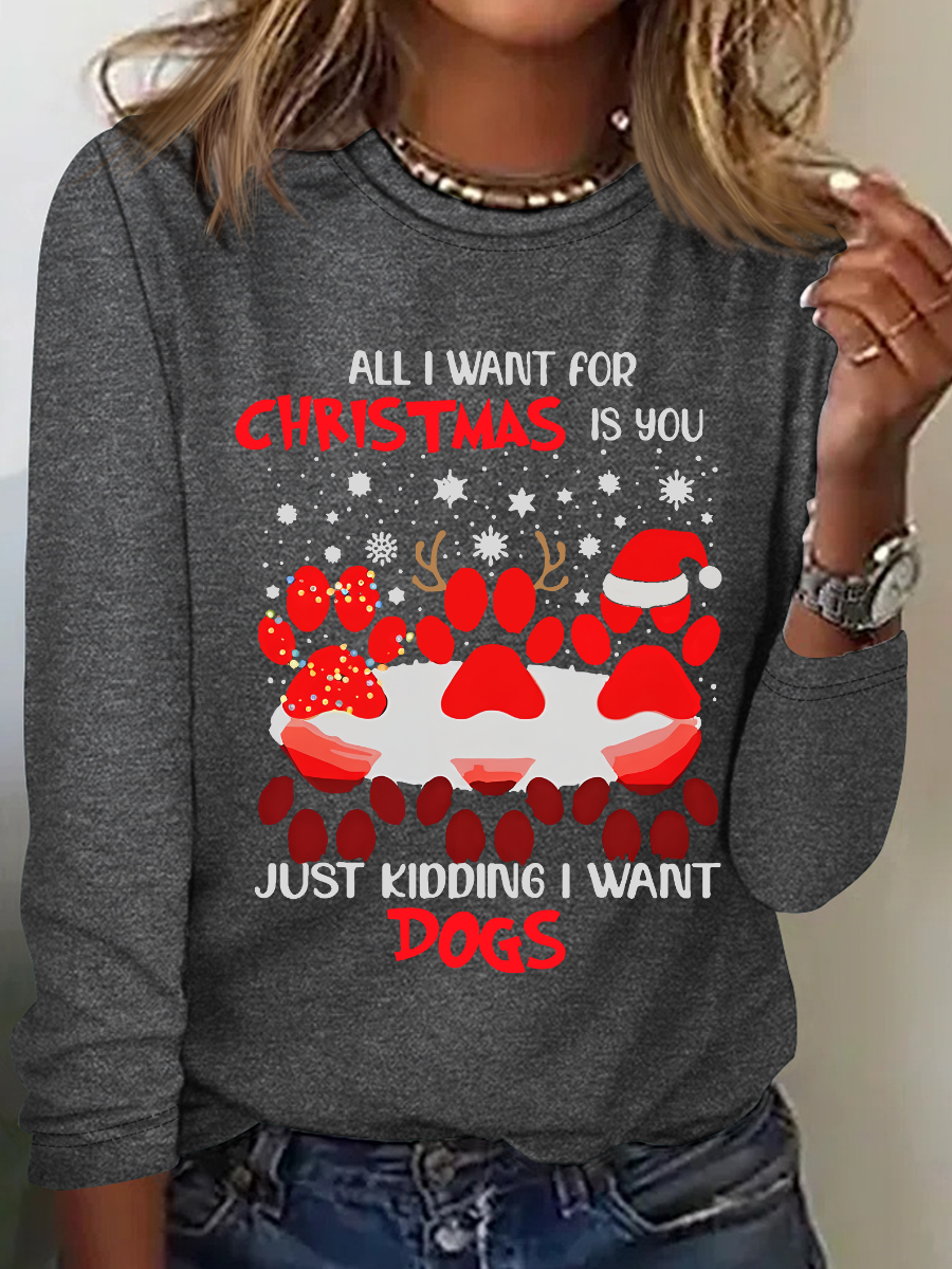 Paw Dog Water Reflection All I Want For Christmas Casual Long Sleeve Shirt