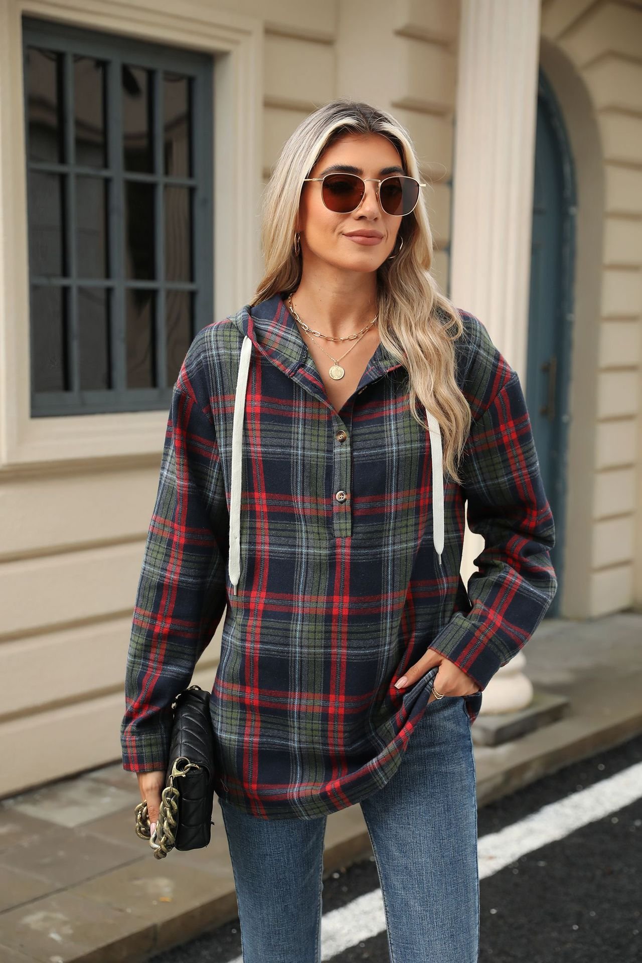 Casual Plaid Hoodie Buckle Hoodie