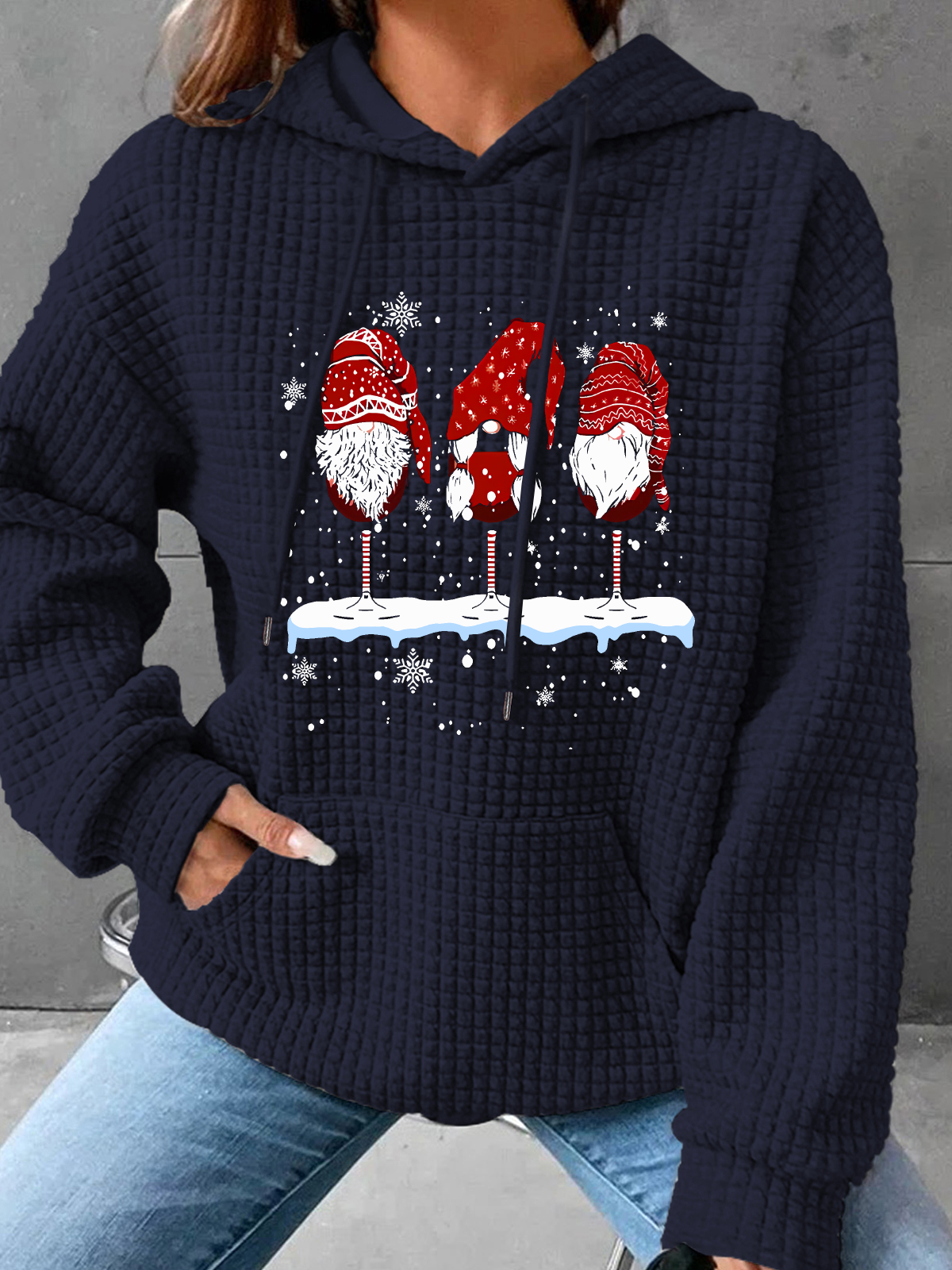 Wine Glasses Gnomies Christmas Simple Loose Hoodie