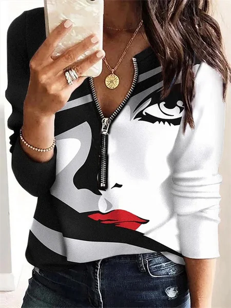 Casual Plain Zipper V Neck Blouse