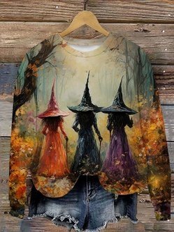 Halloween Witch Print Round Neck Sweatshirt