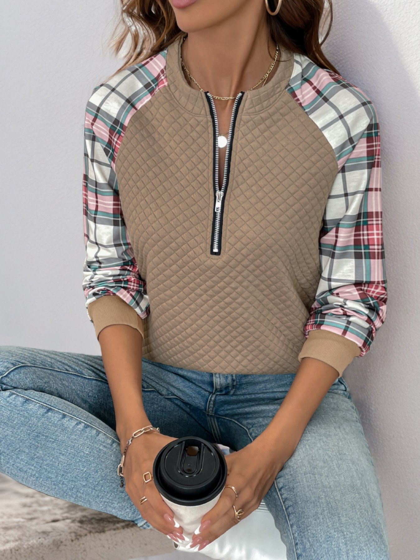 Zipper Plaid Casual Loose Sweatshirt