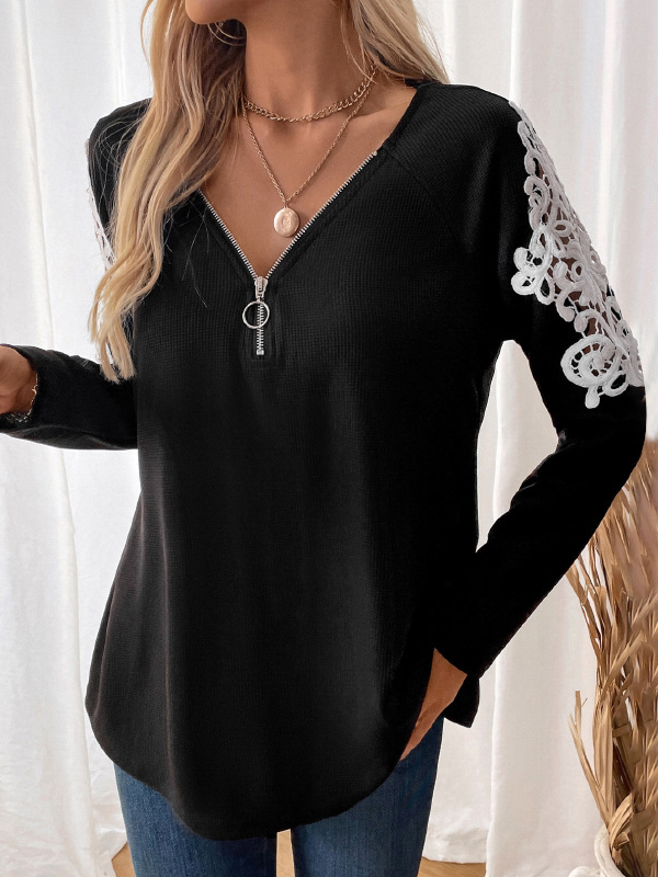 Women's Plain Lace V Neck Zipper Casual Top