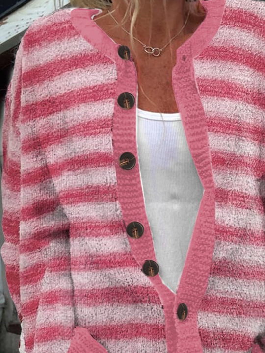 Pink Breast Cancer Awareness 3D Printing Striped Crew Neck Knitted Casual Cardigan