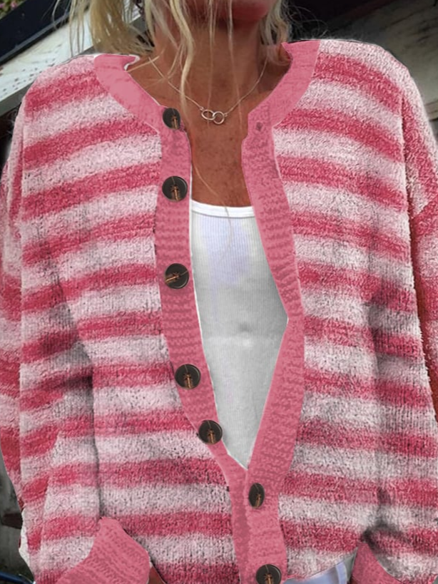 Pink Breast Cancer Awareness 3D Printing Striped Crew Neck Knitted Casual Cardigan