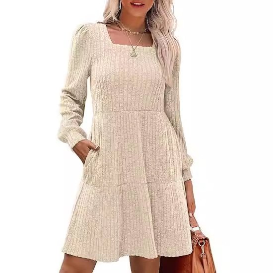 Women's Long Sleeve Spring/Fall Black Plain Crew Neck Daily Going Out Casual Mini A-Line Dress