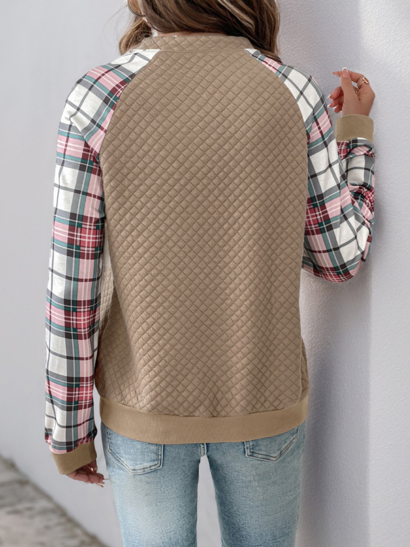 Zipper Plaid Casual Loose Sweatshirt