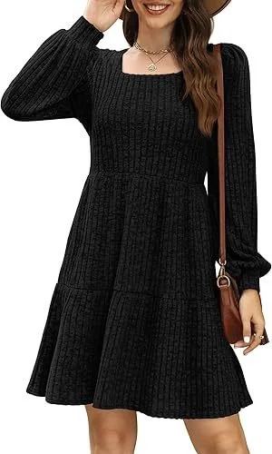 Women's Long Sleeve Spring/Fall Black Plain Crew Neck Daily Going Out Casual Mini A-Line Dress