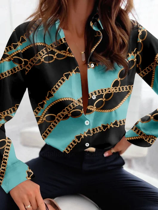 Women's Long Sleeve Shirt Spring/Fall Cyan Geometric Shirt Collar Daily Going Out Casual Top