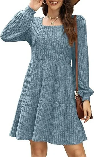 Women's Long Sleeve Spring/Fall Black Plain Crew Neck Daily Going Out Casual Mini A-Line Dress