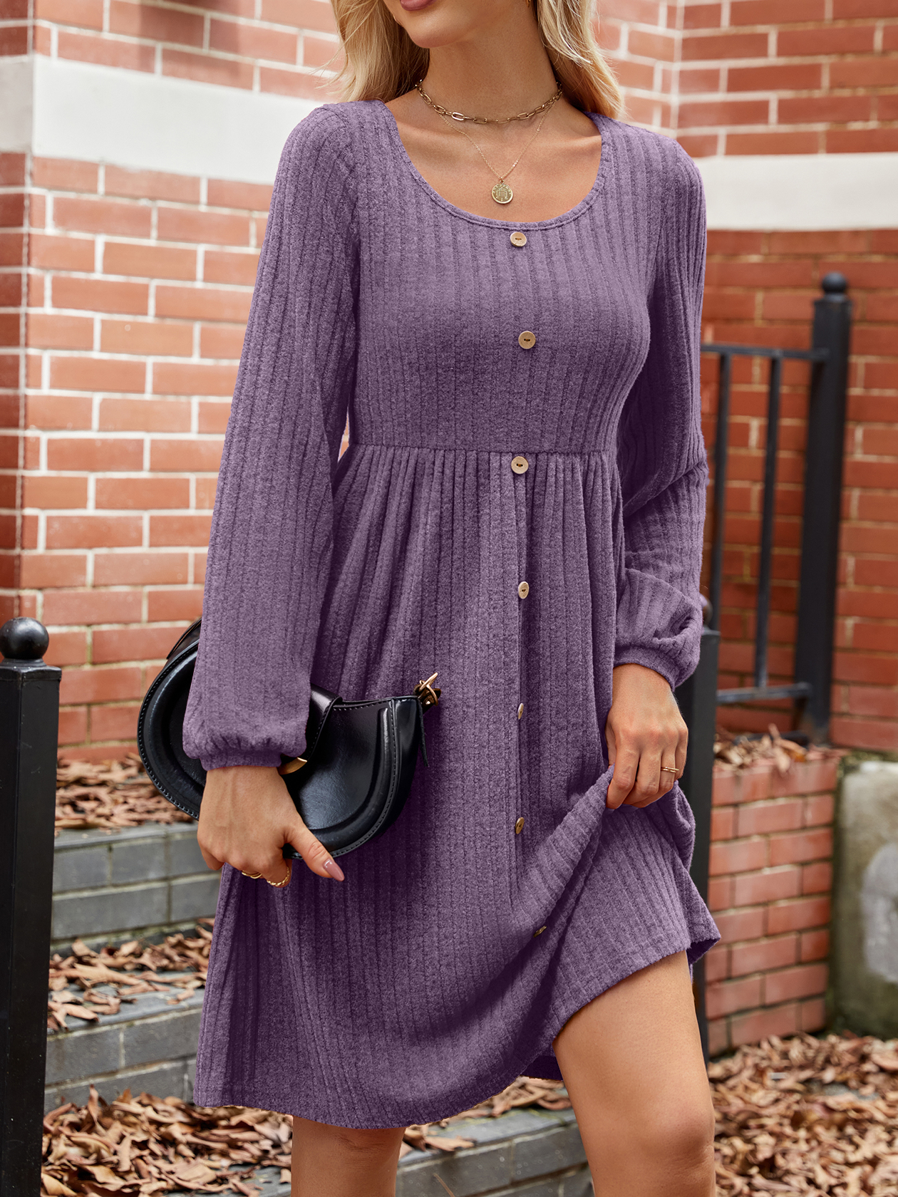 Women's Long Sleeve Summer Crimson Plain Crew Neck Balloon Sleeve Daily Going Out Casual Knee Length A-Line