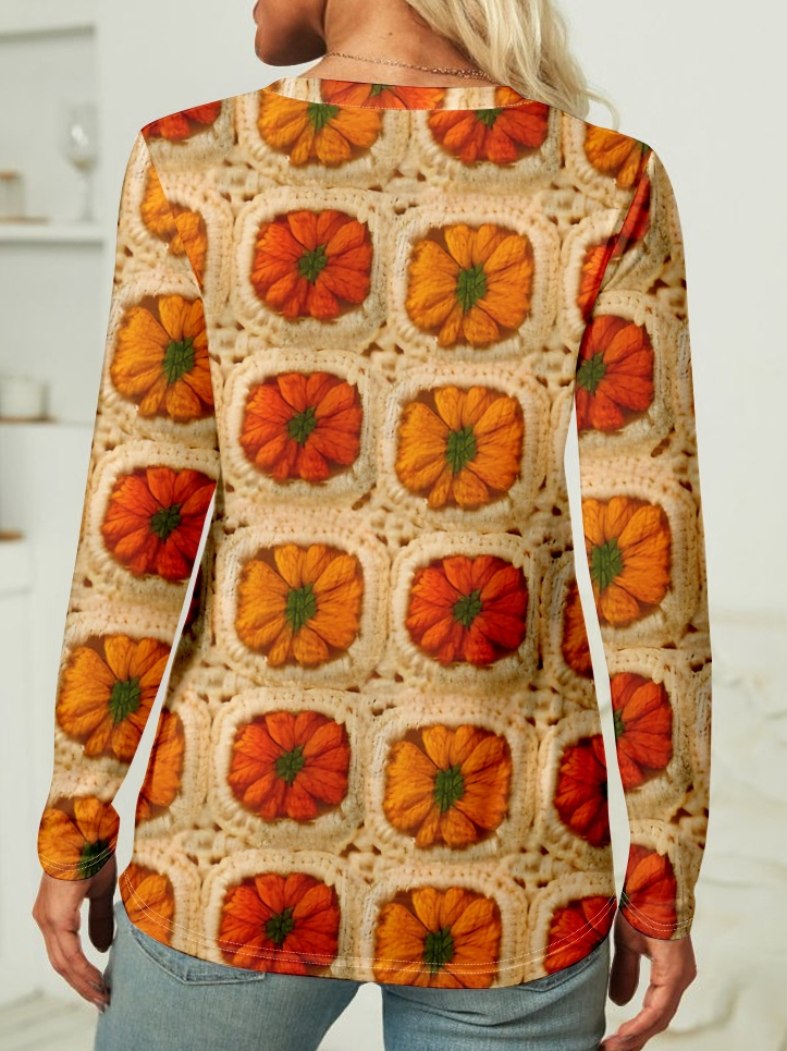 Women's Pumpkin Knitted Print Casual 3D Printing Long Sleeve Shirt