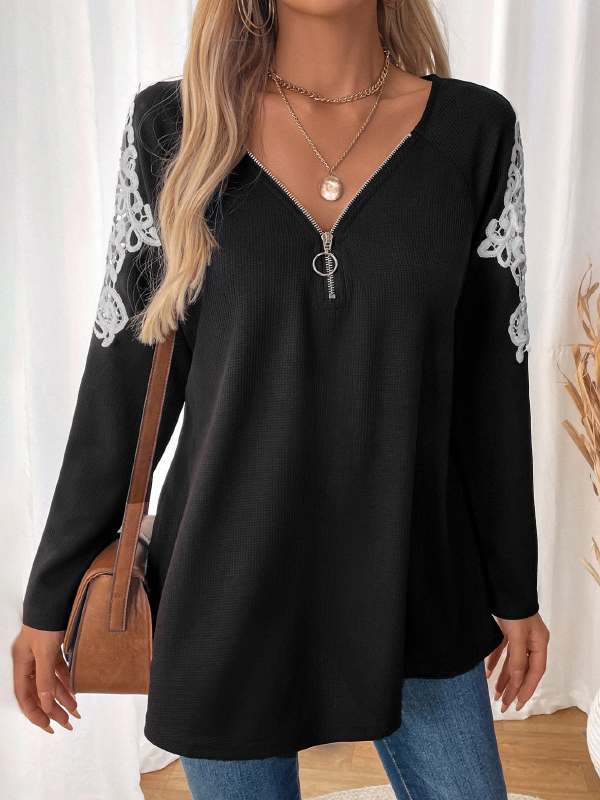 Women's Plain Lace V Neck Zipper Casual Top