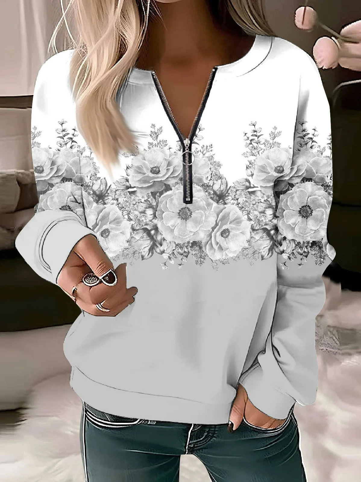 Zipper Floral Casual Sweatshirt